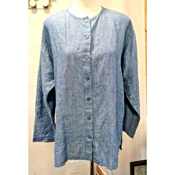 Dosa Tops - Women Dosa Size 2 Button Up Tunic Blue Linen Womens Lagenlook Medium